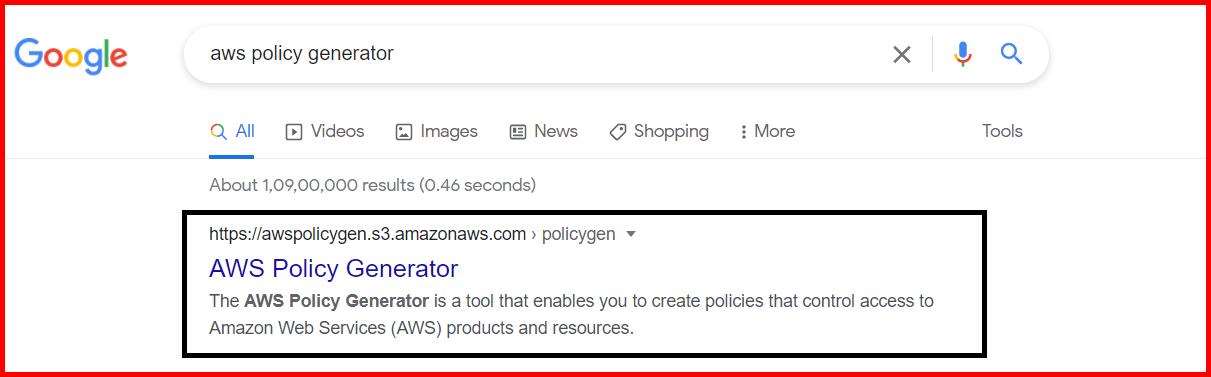 Picture showing the search result of aws policy generation tool in google search page